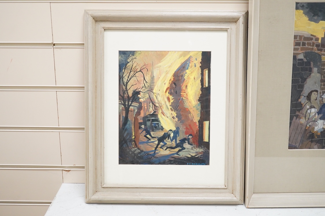 Anthony C. Parrot (20th Century) 'Blitz', a study of figures congregating outside a bombed house, with stretcher bearers entering the ruins of the building, gouache, 32cm x 47.5cm; together with another similar smaller s